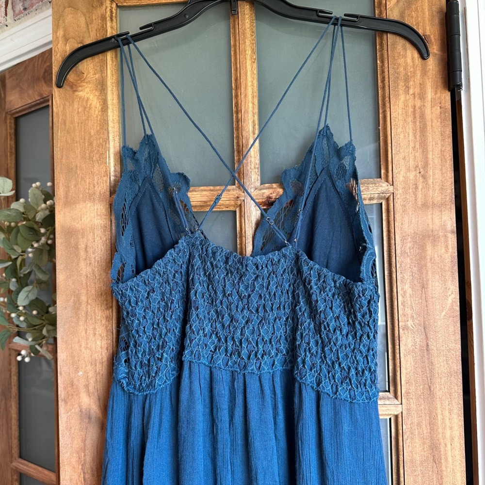 Free People FP One Maxi Dress Womens Medium Teal Blue Lace Boho Ruffle Hem - Picture 7 of 16
